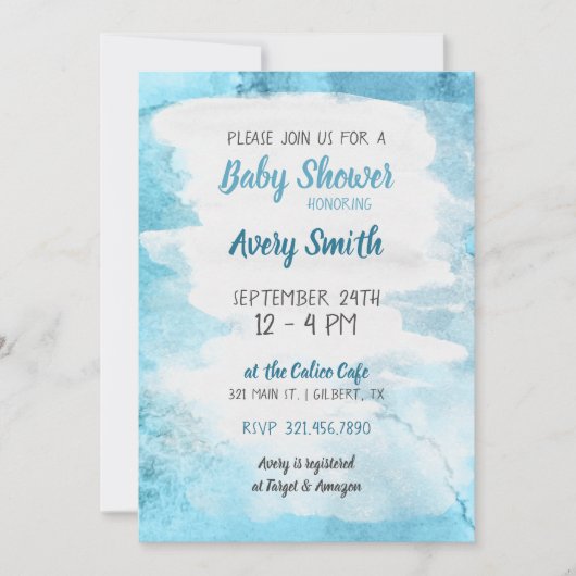 Invitation Baby shower d'aquarelle bleu (Devant)