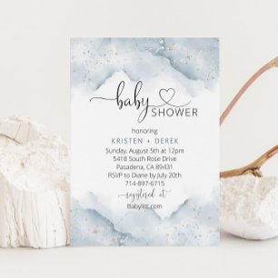 Invitation Baby shower d'aquarelle bleu argenté et poussiéreu