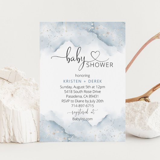 Invitation Baby shower d'aquarelle bleu argenté et poussiéreu