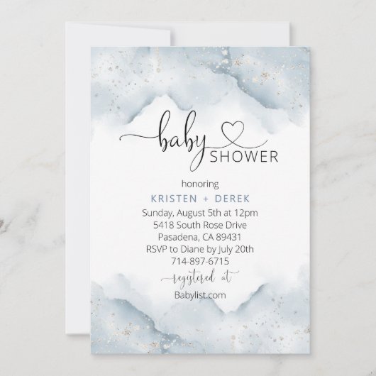 Invitation Baby shower d'aquarelle bleu argenté et poussiéreu (Devant)