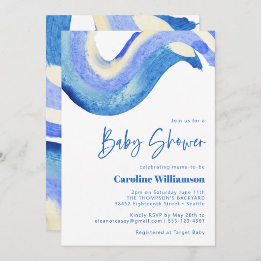 Invitation Baby shower d'aquarelle bleu d'art moderne Abstrai (Devant / Derrière)