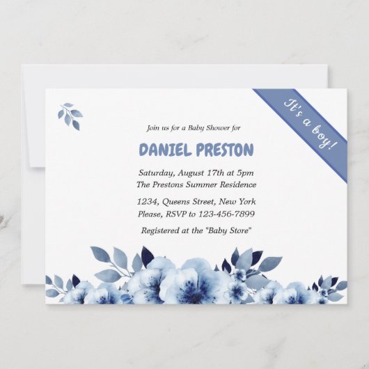 Invitation Baby shower d'aquarelle bleu foncé (Devant)