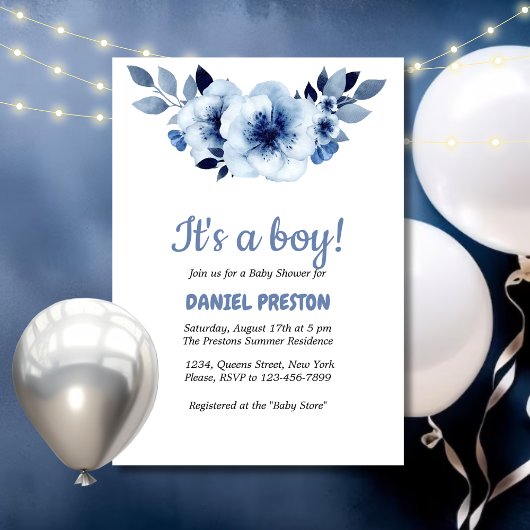 Invitation Baby shower d'aquarelle bleu foncé