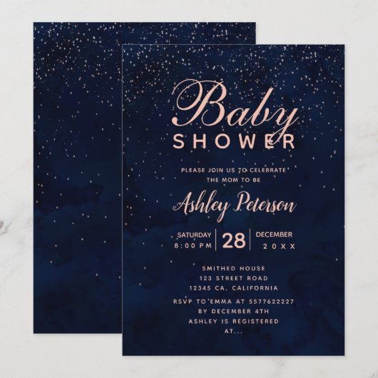 Invitation baby shower d'aquarelle bleu marine des étoiles d' (Devant / Derrière)