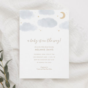 Invitation Baby shower d'aquarelle bleu nuage et étoiles