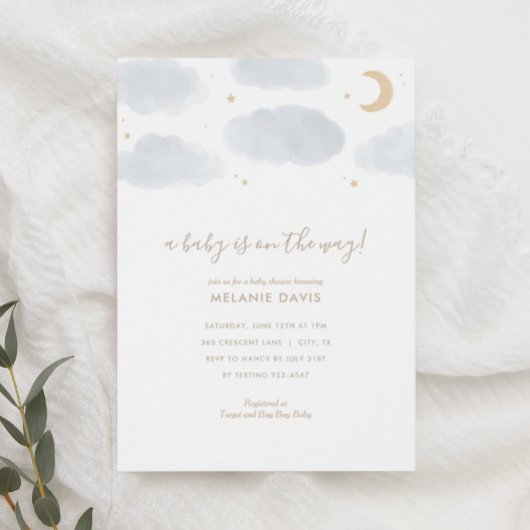 Invitation Baby shower d'aquarelle bleu nuage et étoiles