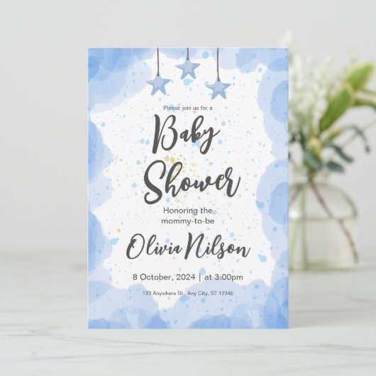 Invitation Baby shower d'aquarelle bleu, Oh Baby shower garço (Debout devant)