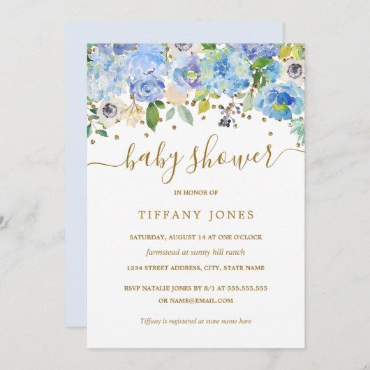 Invitation Baby shower d'aquarelle bleu or (Devant / Derrière)