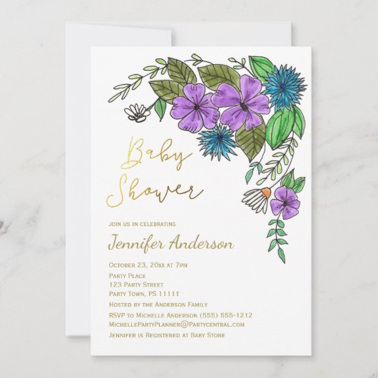 Invitation Baby shower d'aquarelle bleu or floral (Devant)