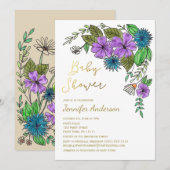 Invitation Baby shower d'aquarelle bleu or floral (Devant / Derrière)