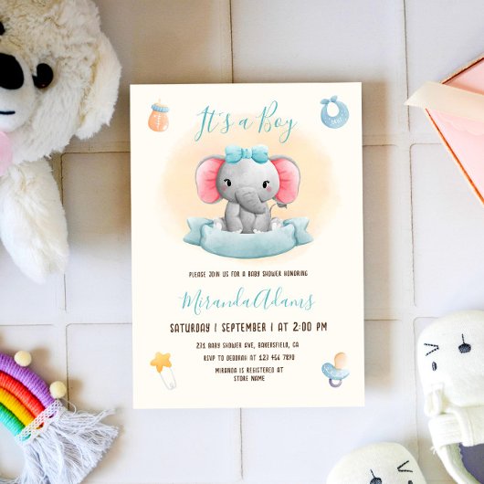 Invitation Baby shower d'aquarelle bleu petit éléphant