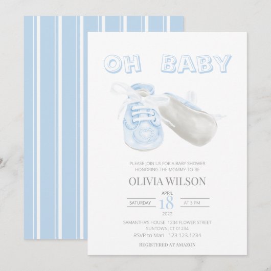 Invitation Baby shower d'aquarelle Blue Baby Bootie (Devant / Derrière)