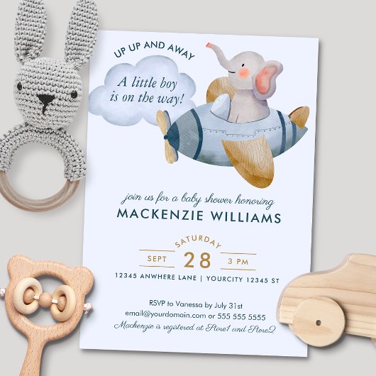 Invitation Baby shower d'aquarelle Blue Boy's Elephant Plane