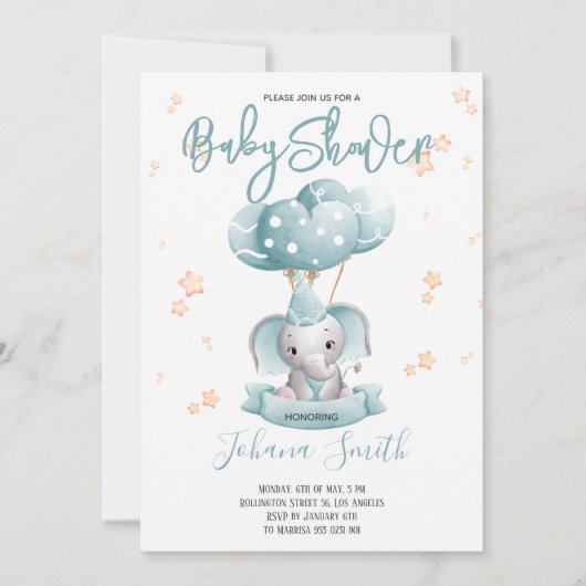 Invitation Baby shower d'aquarelle Blue Elephant (Devant)