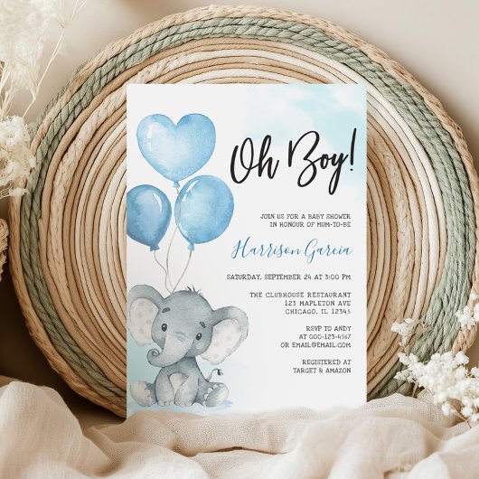 Invitation Baby shower d'aquarelle Blue Oh Boy Elephant