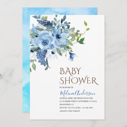 Invitation Baby shower d'aquarelle Boho Blue Flowers (Devant / Derrière)