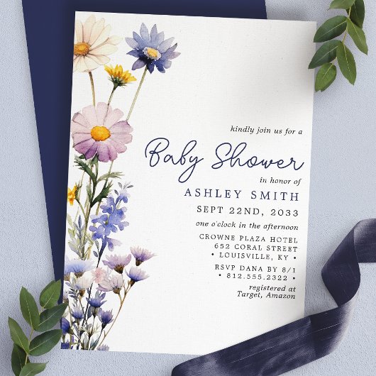 Invitation Baby shower d'aquarelle Boho Fleur sauvage bleu