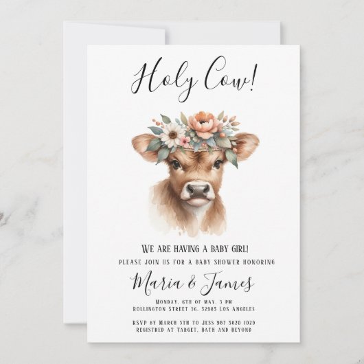 Invitation Baby shower d'aquarelle Boho Holy Cow (Devant)