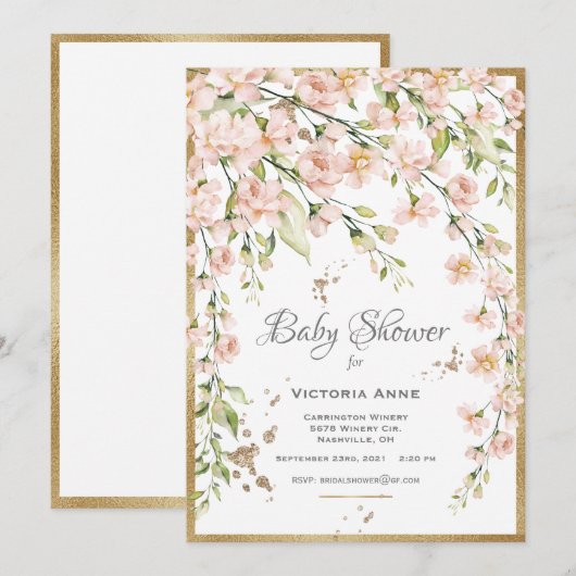 Invitation Baby shower d'aquarelle botanique rose (Devant / Derrière)