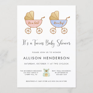 Invitation Baby shower d'aquarelle Boy Girl Twins Carriage