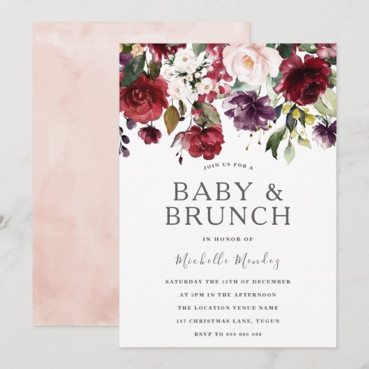 Invitation Baby shower d'aquarelle Burgundy et Brunch (Devant / Derrière)