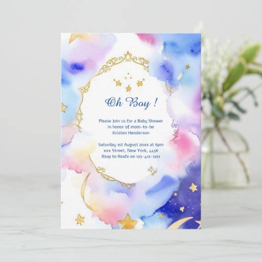 Invitation Baby shower d'aquarelle céleste (Debout devant)