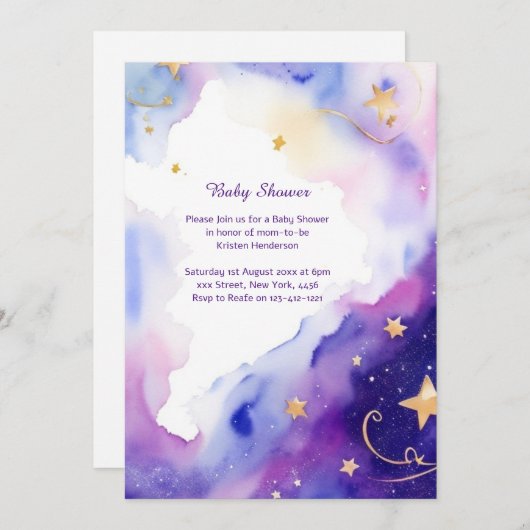 Invitation Baby shower d'aquarelle céleste (Devant / Derrière)