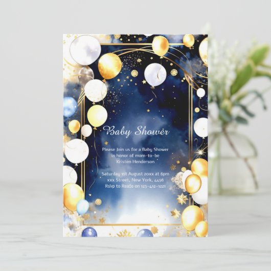 Invitation Baby shower d'aquarelle céleste (Debout devant)