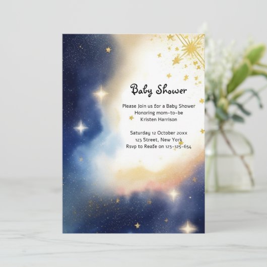 Invitation Baby shower d'aquarelle céleste (Debout devant)