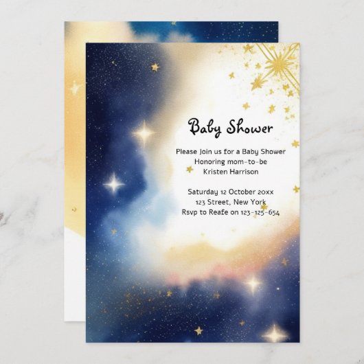 Invitation Baby shower d'aquarelle céleste (Devant / Derrière)