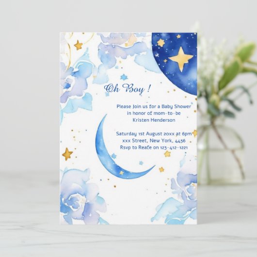 Invitation Baby shower d'aquarelle céleste (Debout devant)