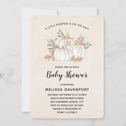 Invitation Baby shower d'aquarelle Citrouille blanc et or (Devant)