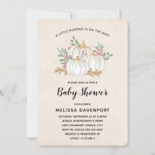 Invitation Baby shower d'aquarelle Citrouille blanc et or