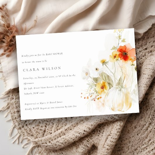 Invitation Baby shower d'aquarelle Citrouille fleur sauvage