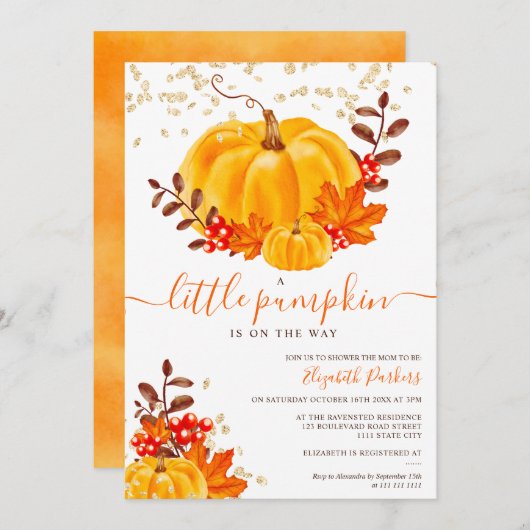 Invitation Baby shower d'aquarelle citrouille or mignon (Devant / Derrière)