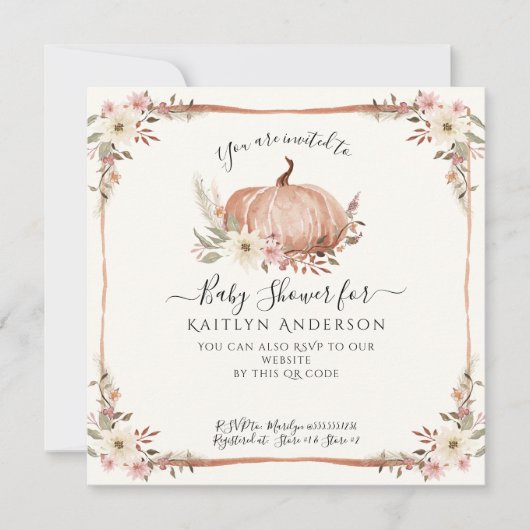 Invitation Baby shower d'aquarelle Citrouille rose automne (Devant)