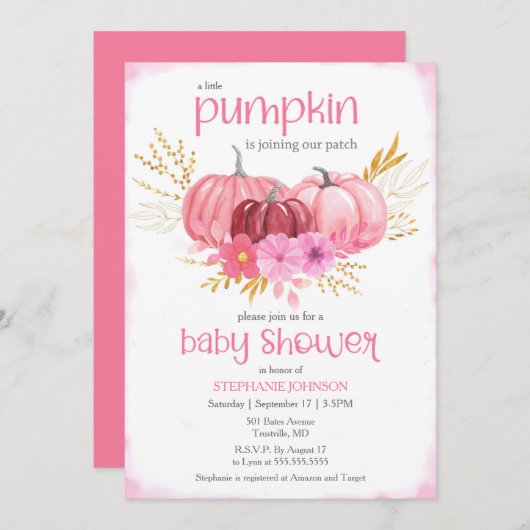 Invitation Baby shower D'Aquarelle Citrouille Rose Cute Dans (Devant / Derrière)