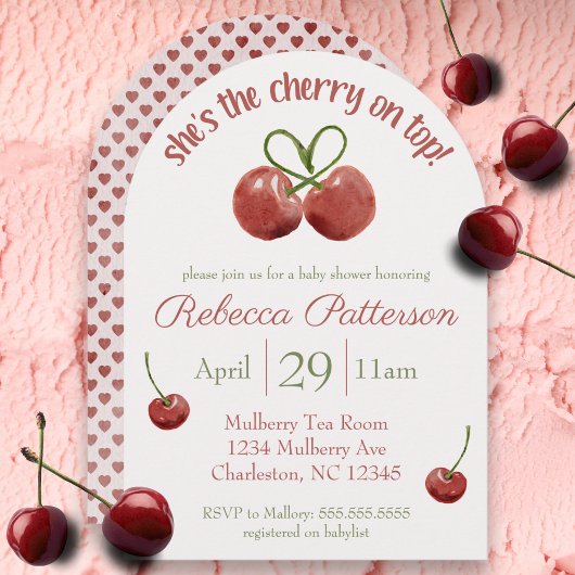 Invitation baby shower d'aquarelle Coquette "Cherry on Top"