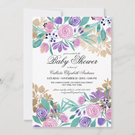 Invitation Baby shower d'aquarelle couleur or rose violet (Devant)