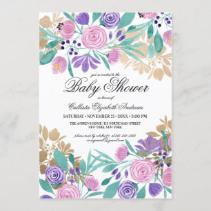 Invitation Baby shower d'aquarelle couleur or rose violet