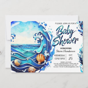 Invitation Baby shower d'aquarelle Cute Blue Waves