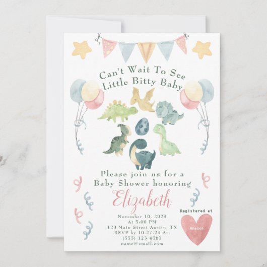Invitation Baby shower d'aquarelle Cute Dinosaur (Devant)
