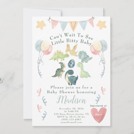 Invitation Baby shower d'aquarelle Cute Dinosaur (Devant)