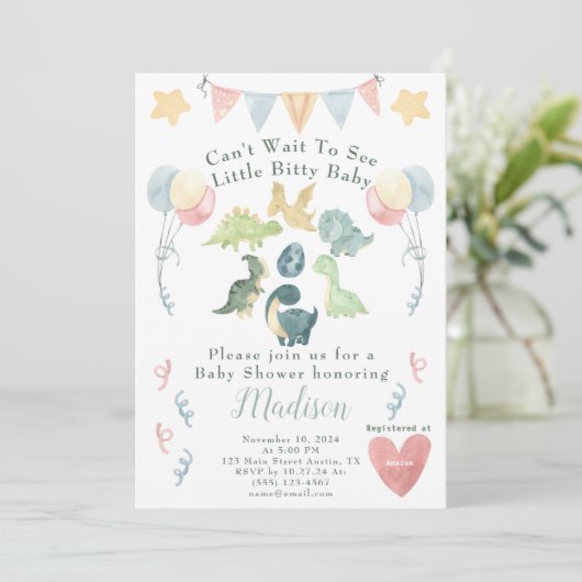 Invitation Baby shower d'aquarelle Cute Dinosaur (Debout devant)