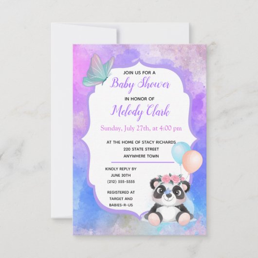 Invitation Baby shower d'aquarelle Cute Panda Bear (Devant)