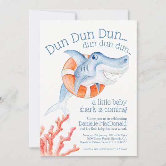 Invitation Baby shower d'aquarelle de bébé requin-bébé mignon (Devant)