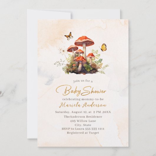 Invitation Baby shower d'aquarelle de champignon (Devant)