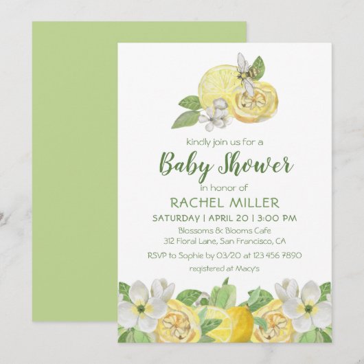 Invitation Baby shower d'aquarelle de citron floral moderne (Devant / Derrière)