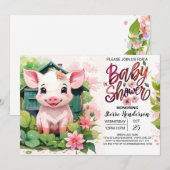 Invitation Baby shower d'aquarelle de cochon pour amis agrico (Devant / Derrière)