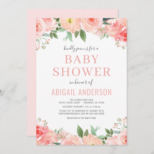 Invitation Baby shower d'aquarelle de corail rose vif Invitat (Devant / Derrière)